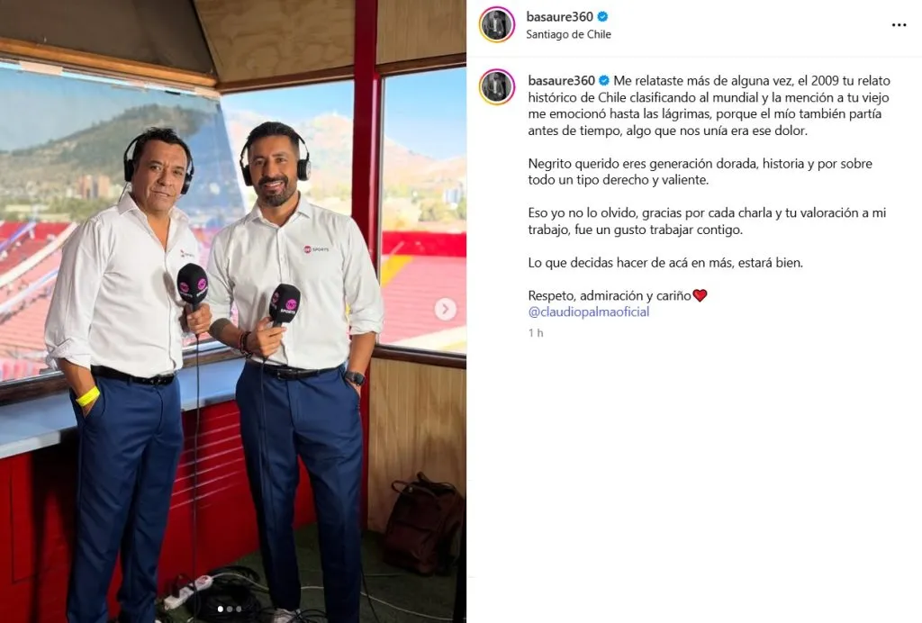 Las emotivas palabras de Cristián Basaure a Claudio Palma. (Foto: basaure360, Instagram)