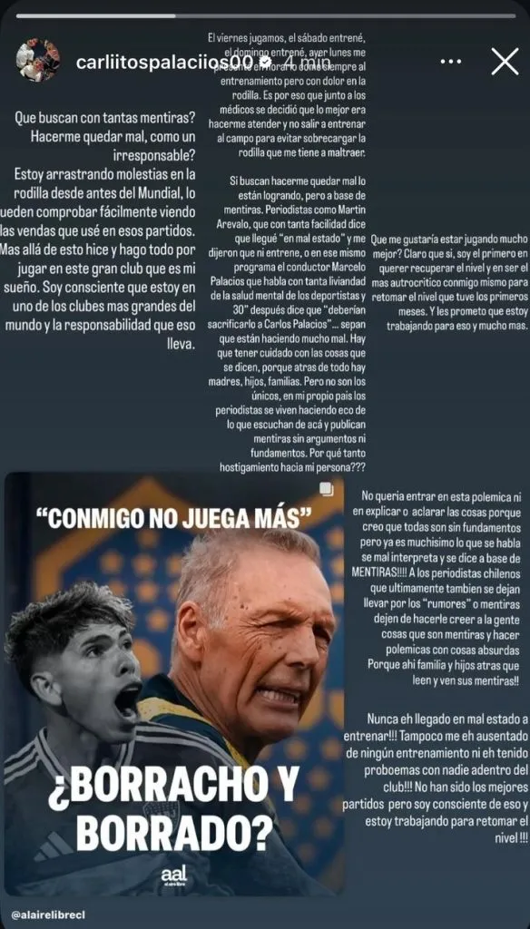 El mensaje de Carlos Palacios a través de su Instagram.