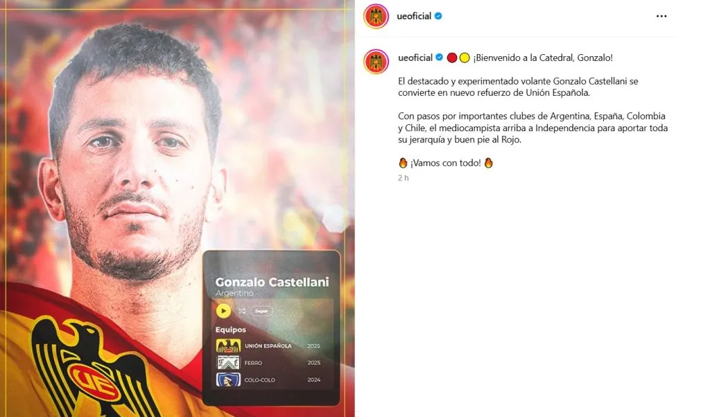Gonzalo Castellani es nuevo refuerzo de Unión Española. (Foto: UEOficial, Instagram)