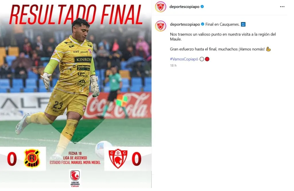 Julio Fierro fue figura en igualdad de Deportes Copiapó ante Rangers. (Foto: deportescopiapo, Instagram)