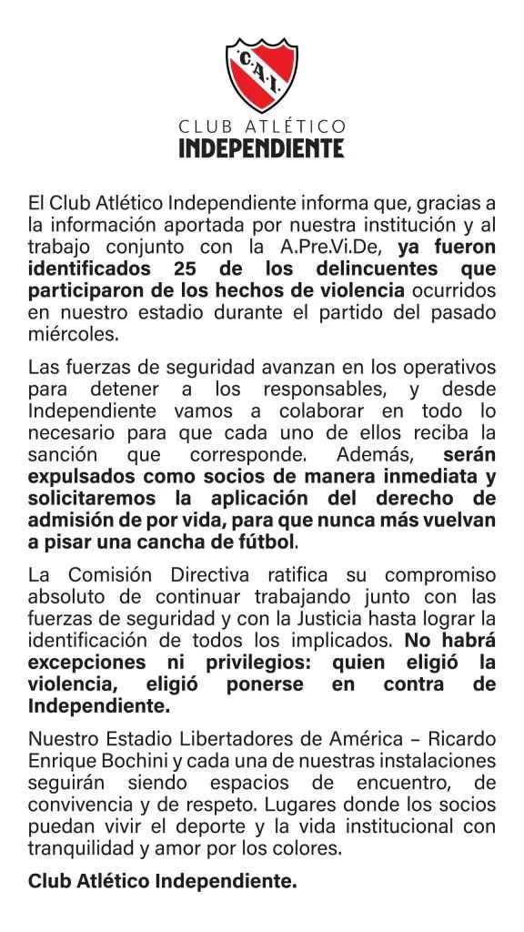 Independiente tomó medidas contra sus hinchas tras la masacre ante Universidad de Chile.