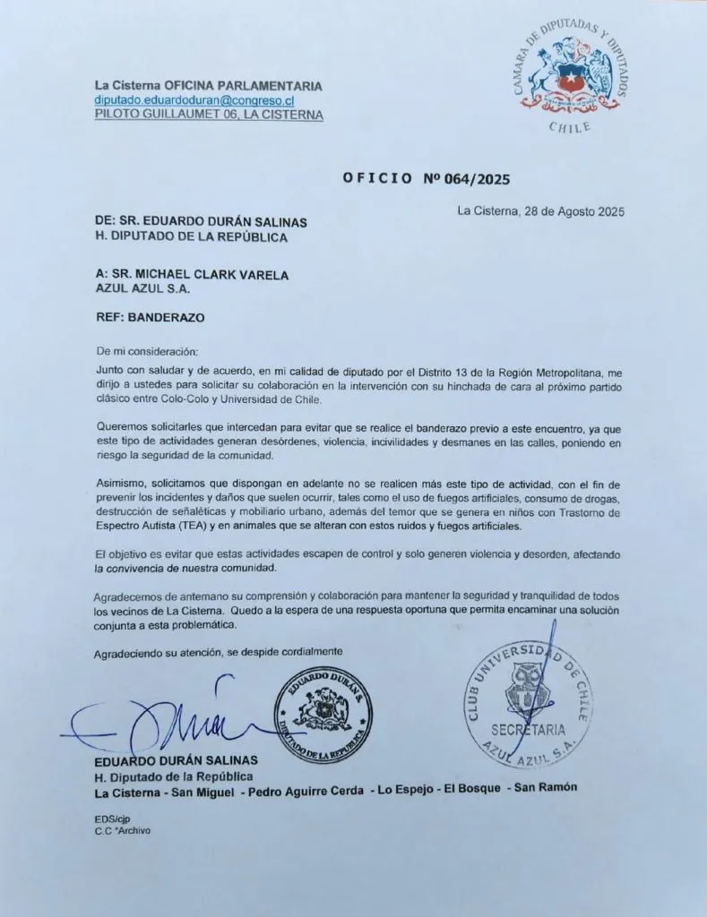 La extensa carta del diputado Durán que llegó a las oficinas de Michael Clark.