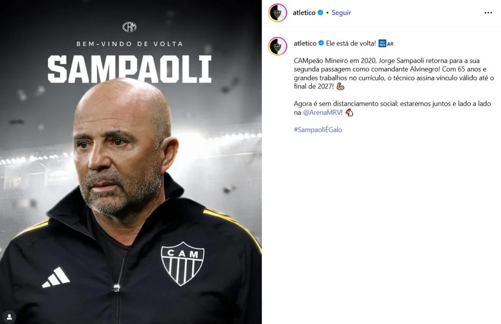 Jorge Sampaoli es nuevo entrenador del Atlético Mineiro. (Foto: Atletico)