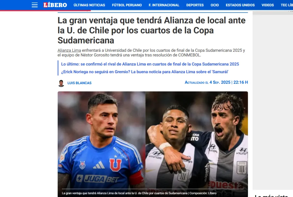 Parte de la nota del Líbero sobre la clasificación de la U | FOTO: Captura