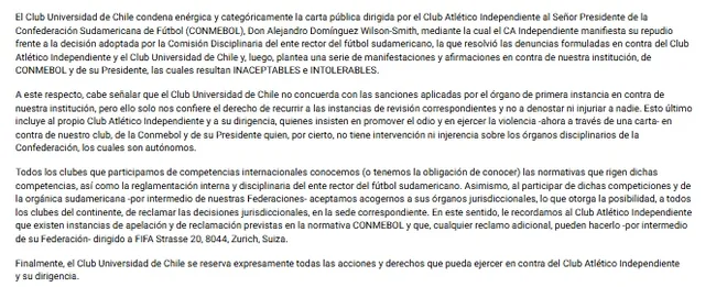 La carta de Universidad de Chile contra Independiente de Avellaneda.
