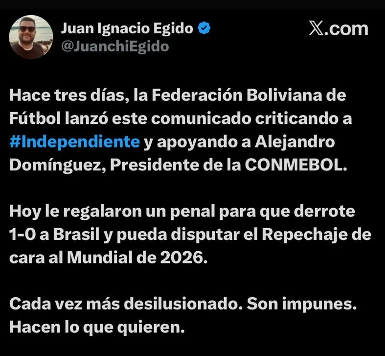 El periodista partidario de Independiente sospecha un vínculo entre Independiente y la CONMEBOL.