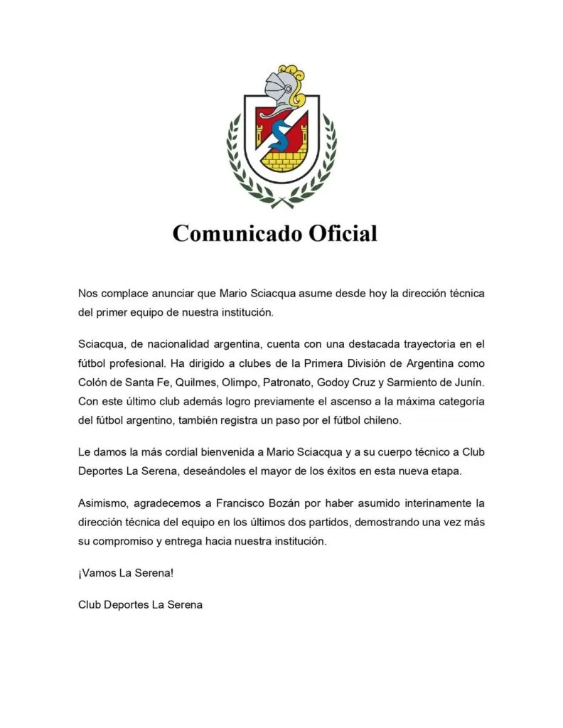 Los Granates anuncian a Mario Sciacqua como su nuevo entrenador. (Foto: Club Deportes La Serena)