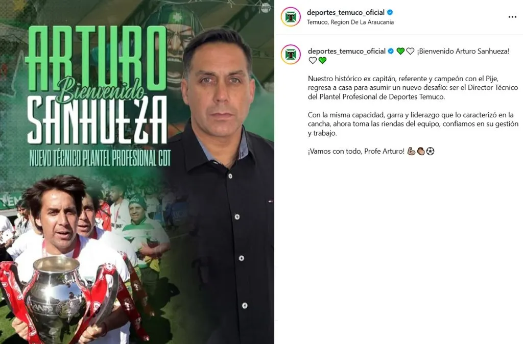 Héctor Arturo Sanhueza es nuevo entrenador de Deportes Temuco. (Foto: deportes_temuco_oficial, Instagram)