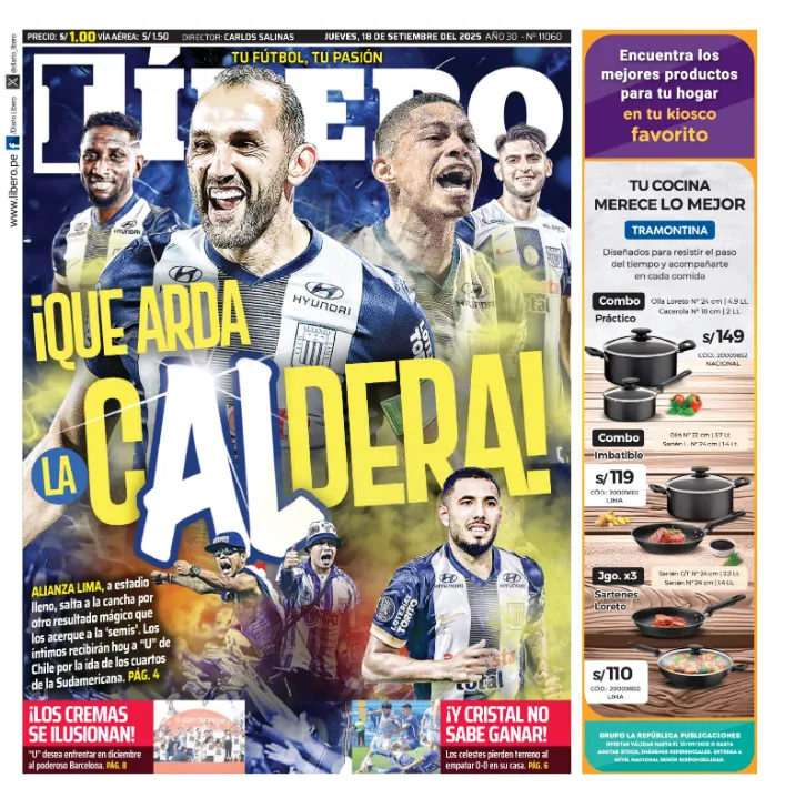 La portada de Líbero para el partido de Alianza vs. la U