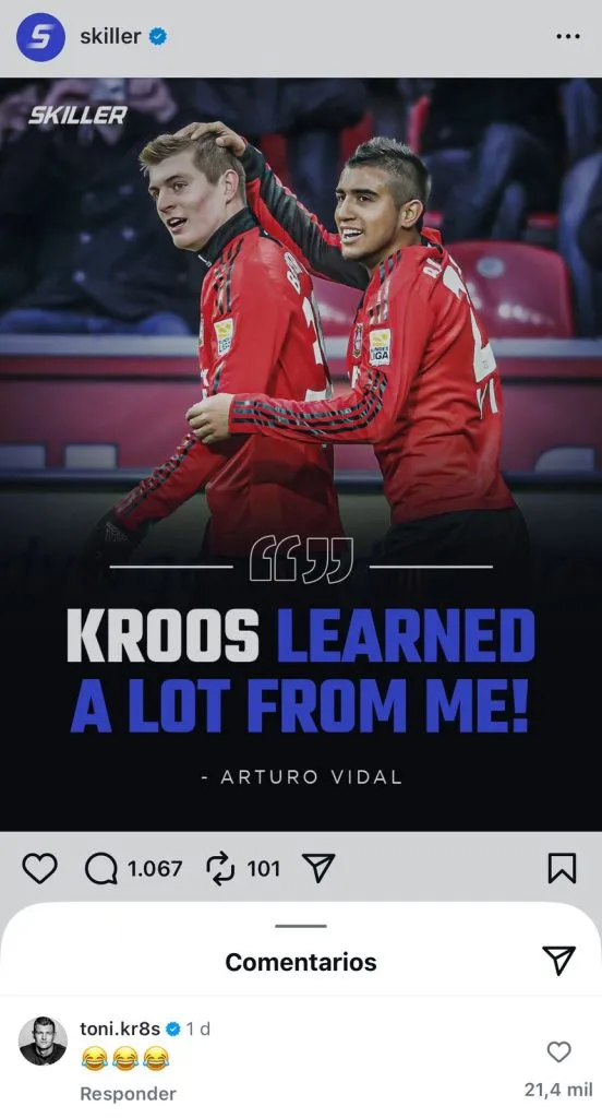 Captura de la publicación en Instagram de ‘Skiller’ y el comentario de Toni Kroos.