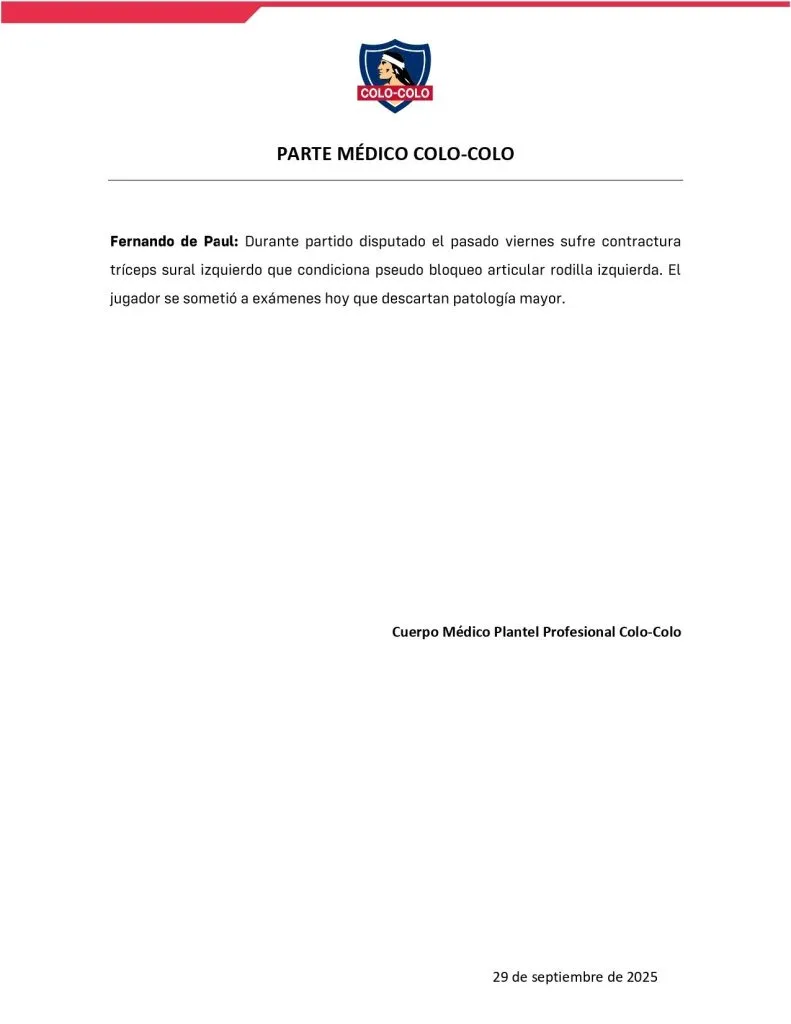 Parte médico de Fernando De Paul. (Foto: Colo Colo)