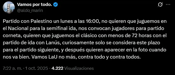 El mensaje en contra de la ANFP | FOTO: Captura X