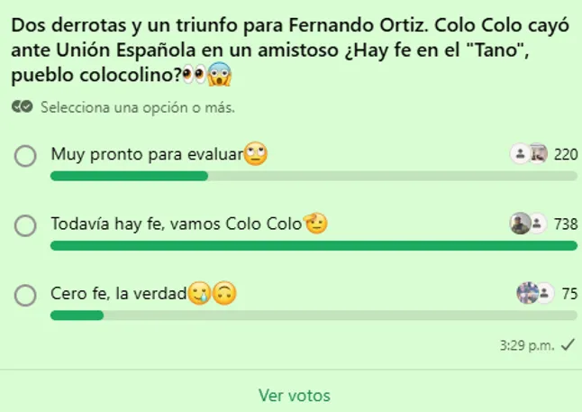 Encuesta realizada por BOLAVIP en el canal oficial de Whatsapp de nuestro portal para hinchas colocolinos (Foto: captura)