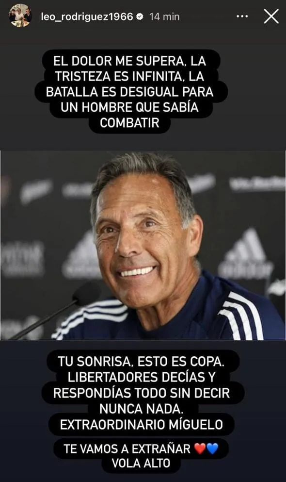 La despedida de Leonardo Rodríguez a Miguel Ángel Russo en Instagram.