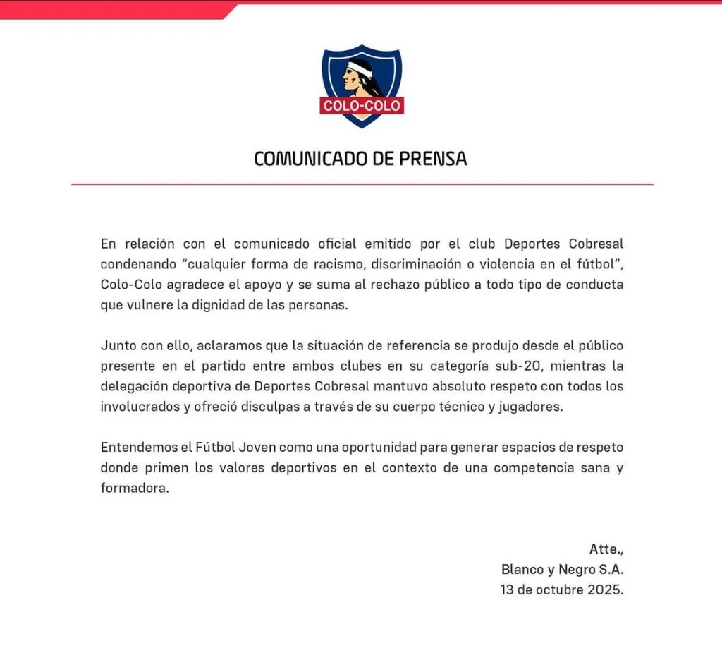 Comunicado de Colo Colo por lo sucedido con Manley Clerveaux.