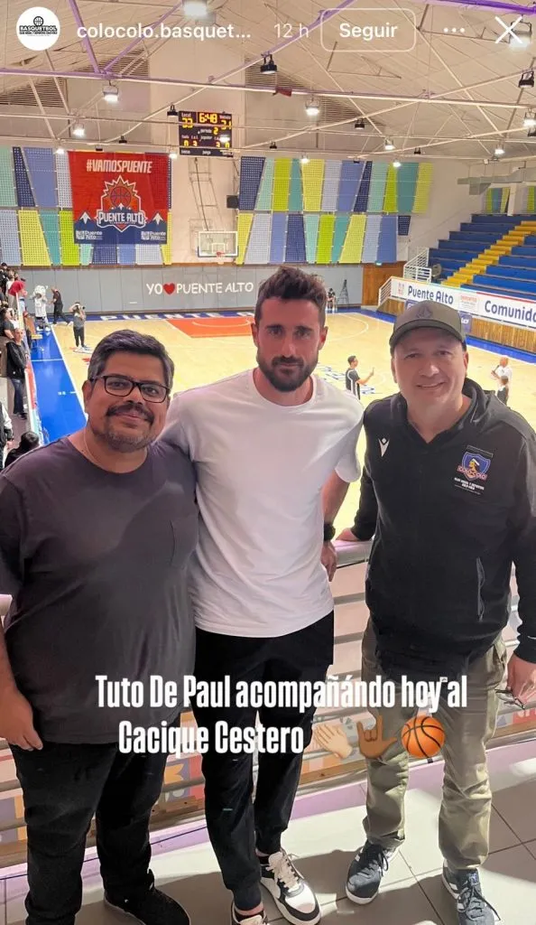 Fernando De Paul junto a Edison Marchant y Edmundo Valladares viendo a Colo Colo Básquetbol. (Foto: Captura historia de Instagram)
