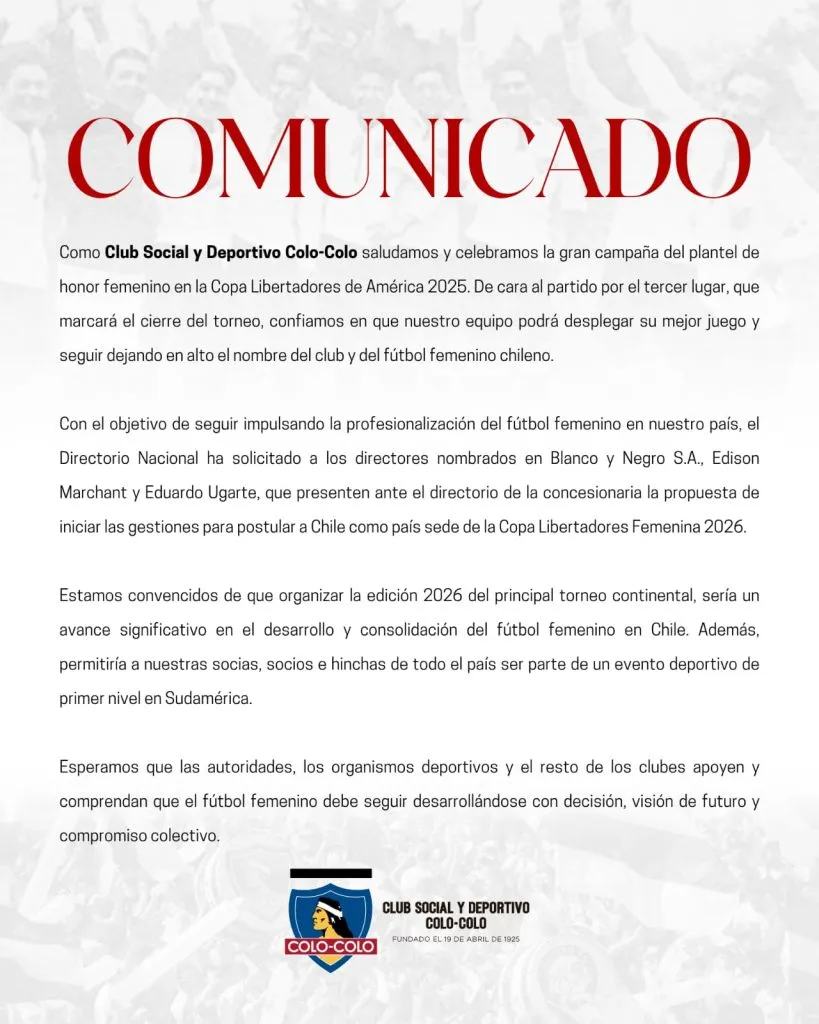 Comunicado del CSD Colo Colo.