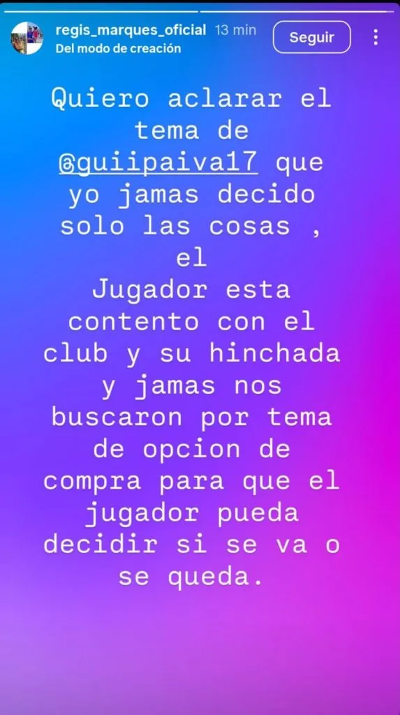 Captura de la historia de Instagram de Regis Marques.
