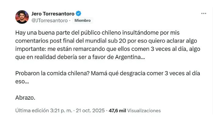 Jero Torres Santoro vuelve a arremeter contra Chile en redes sociales.