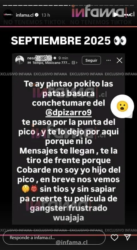 La amenaza a Damián Pizarro: | Fuente: Infama