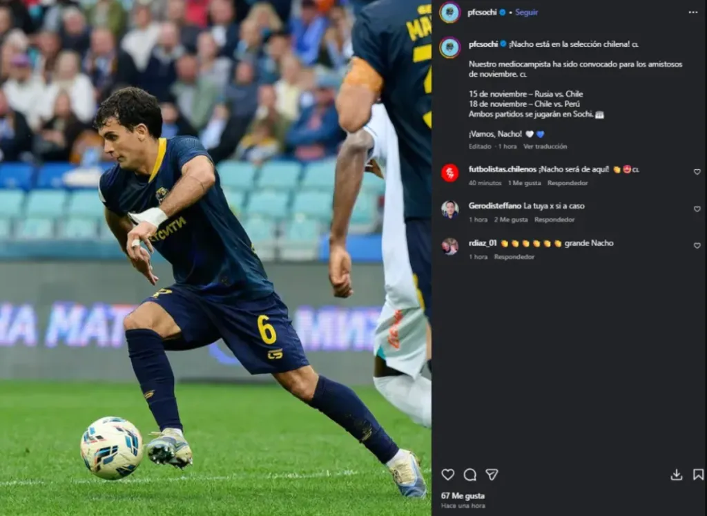 La publicación que subió el PFC Sochi sobre la nominación de Nacho Saavedra | FOTO: Instagram