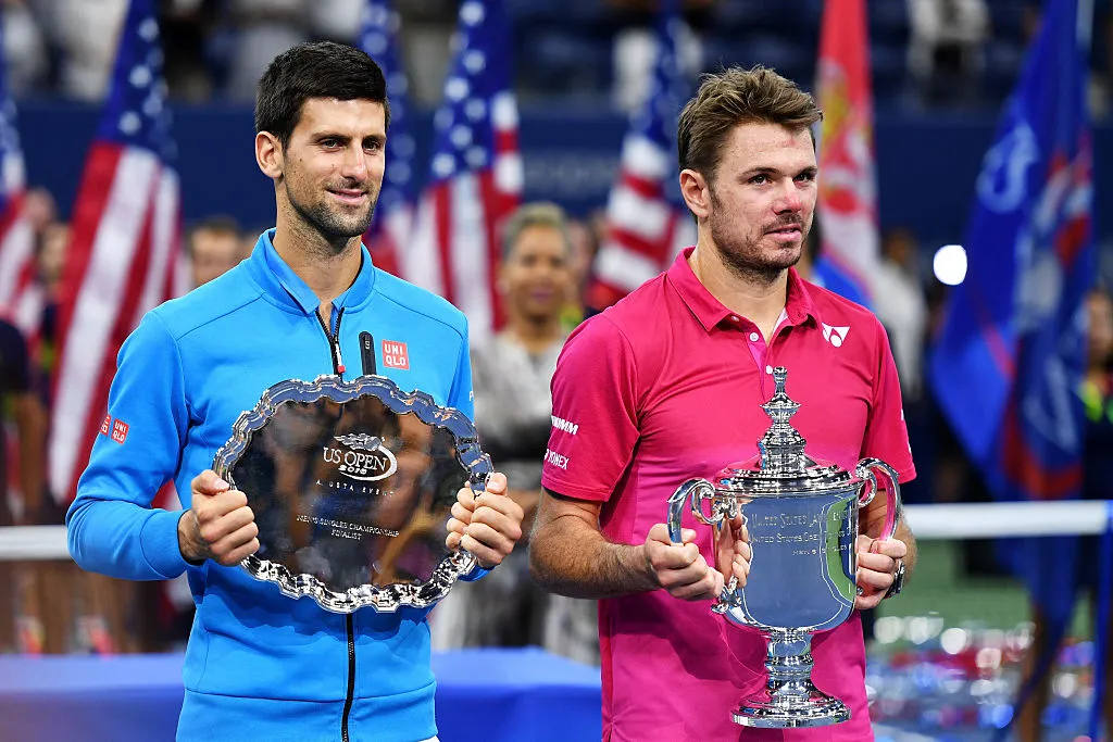 NEW YORK, NY – SEPTEMBER 11:  Stan Wawrinka (R) of Switzerland and Novak Djokovic (L) of Serbia pose with their trophies after their Men’s Singles Final Match on Day Fourteen of the 2016 US Open at the USTA Billie Jean King National Tennis Center on September 11, 2016 in the Flushing neighborhood of the Queens borough of New York City. Wawrinka defeated Djokovic with a score of 6-7, 6-4, 7-5, 6-3.  (Photo by Mike Hewitt/Getty Images)