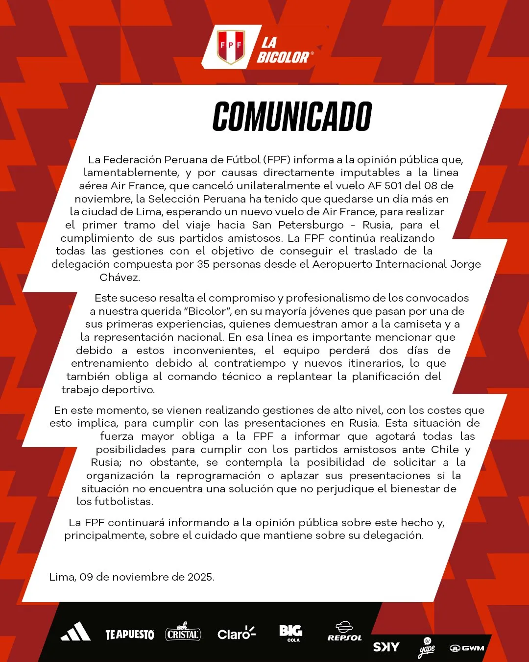 Comunicado de la Selección de Perú.