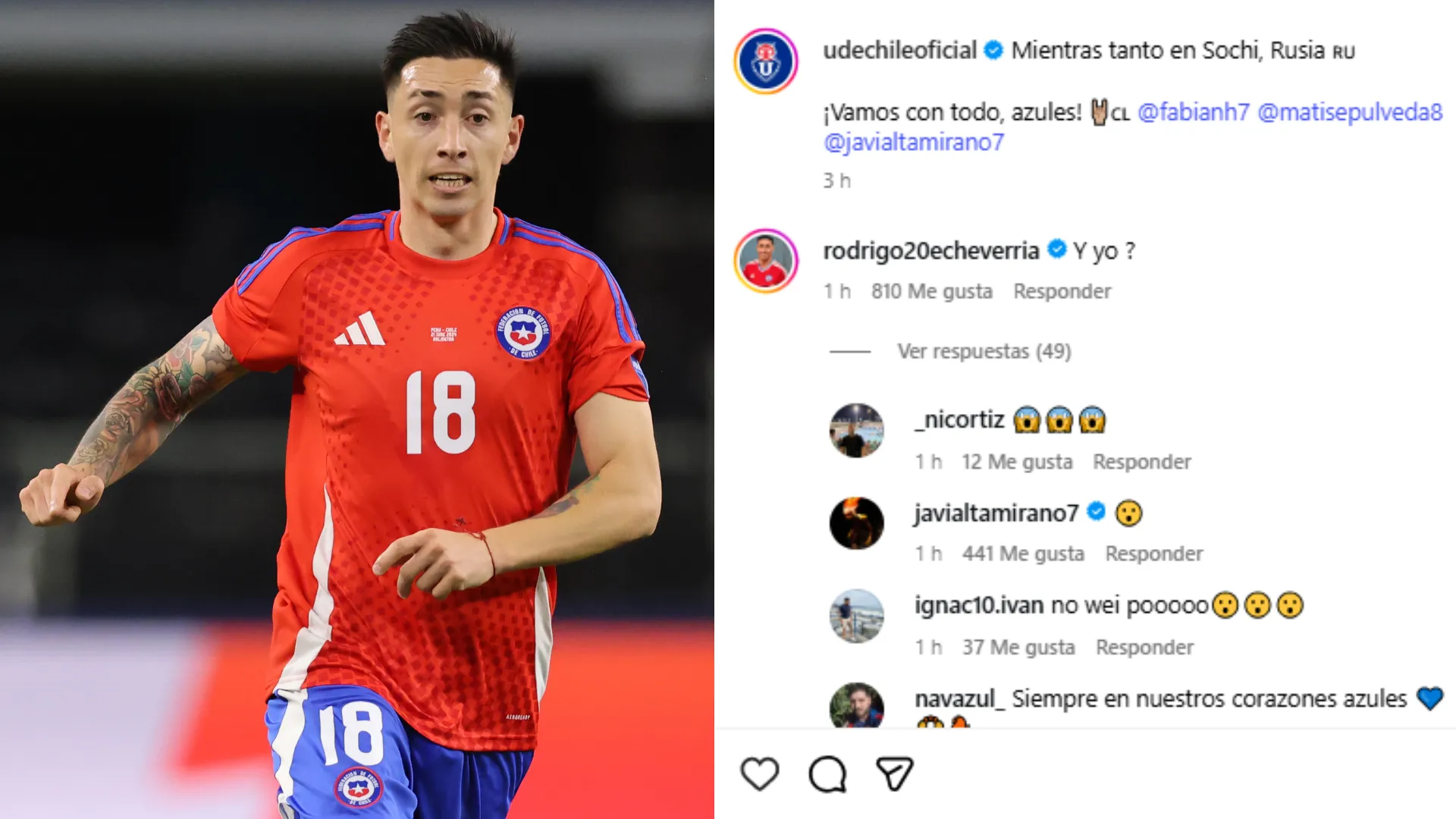 Rodrigo Echeverría sorprendió con su comentario en la cuenta oficial de Universidad de Chile. (Imagen: Photosport / Screenshot)