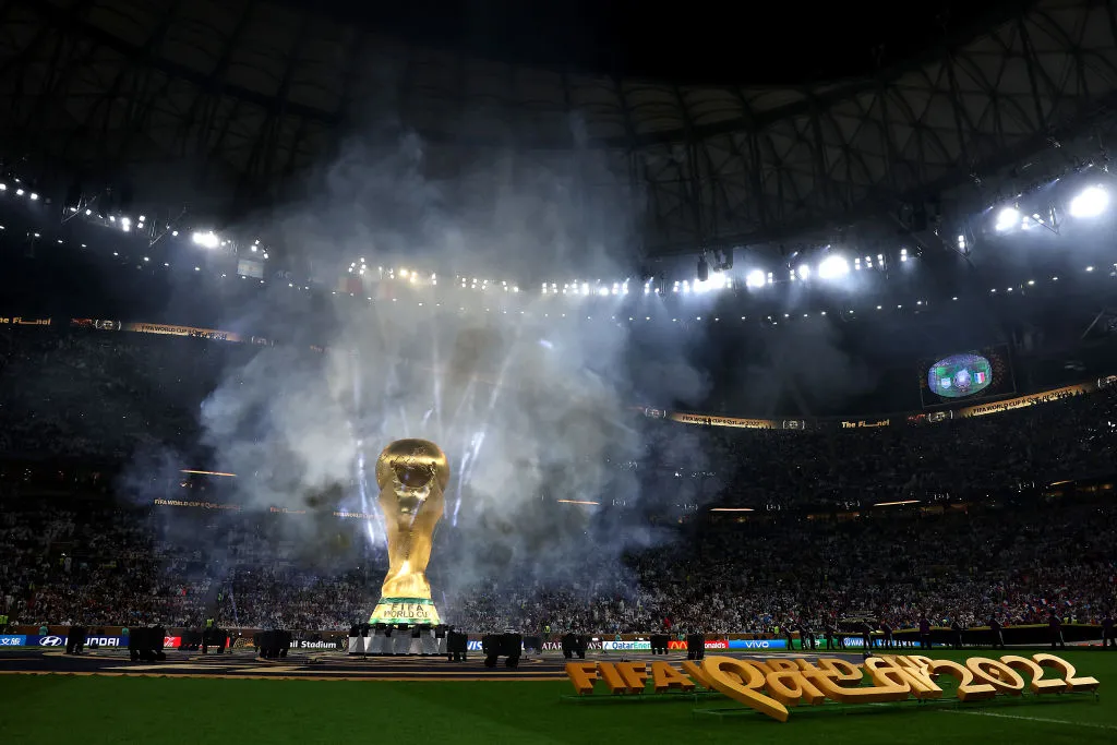 LUSAIL CITY, QATAR – DECEMBER 18: A giant FIFA World Cup trophy is seen prior to the FIFA World Cup Qatar 2022 Final match between Argentina and France at Lusail Stadium on December 18, 2022 in Lusail City, Qatar. (Photo by Julian Finney/Getty Images)