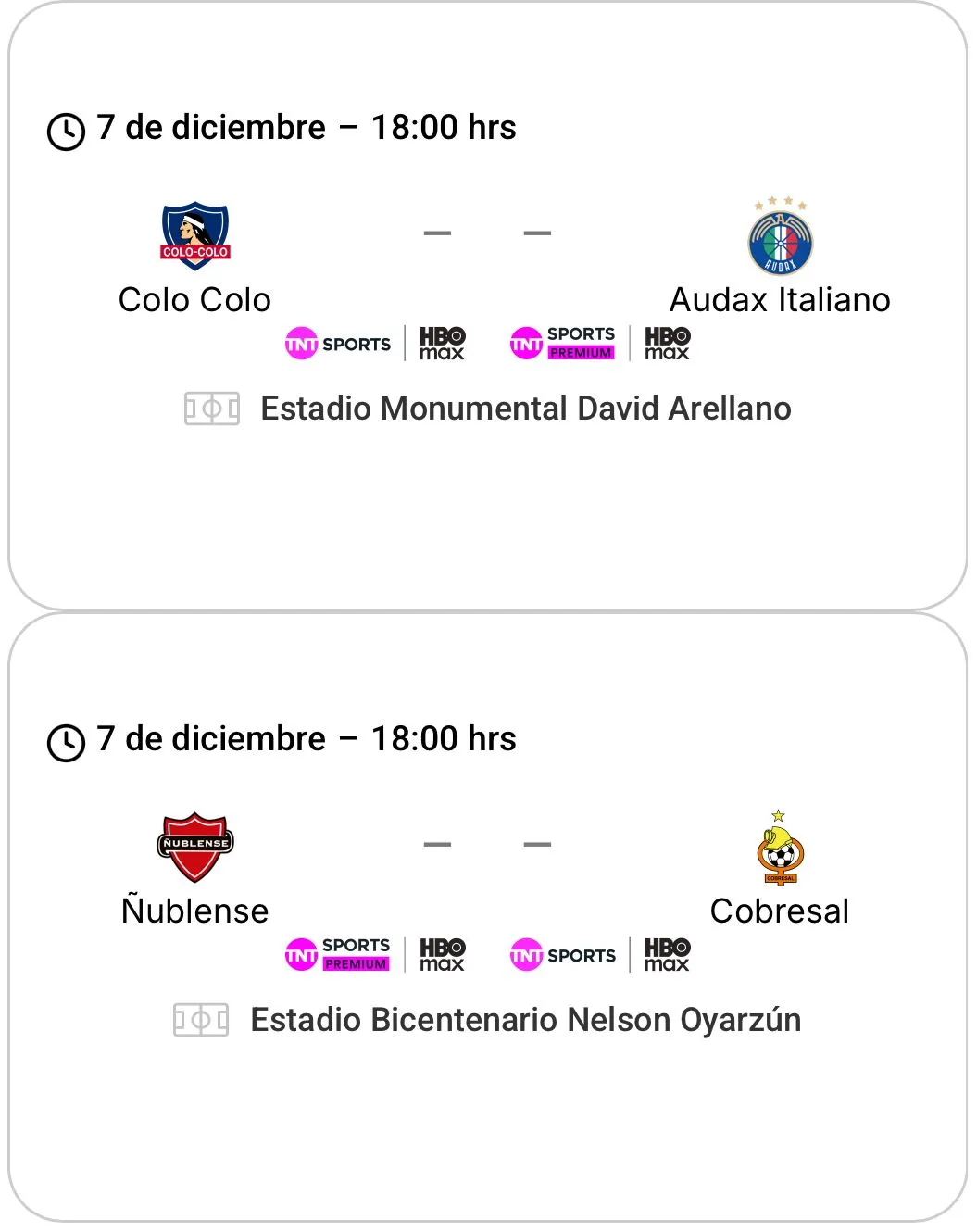 La programación de los partidos de Colo Colo vs. Audax Italiano y Ñublense vs. Cobresal.