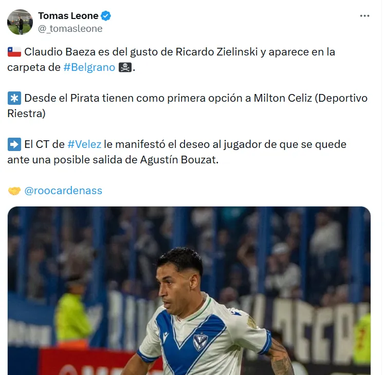 Desde Argentina informan que Claudio Baeza interesa en Belgrano de Córdoba y podrían hacerle competencia a Colo Colo y la UC en el mercado.