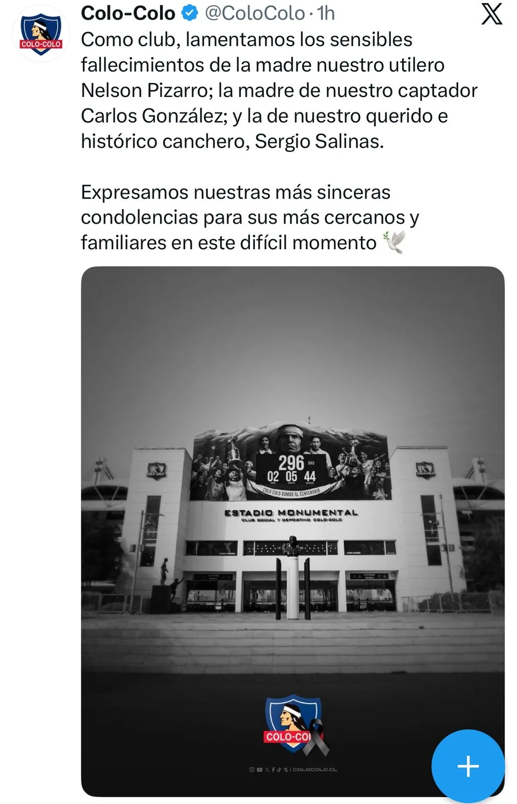 Captura de la publicación de Colo Colo en X.
