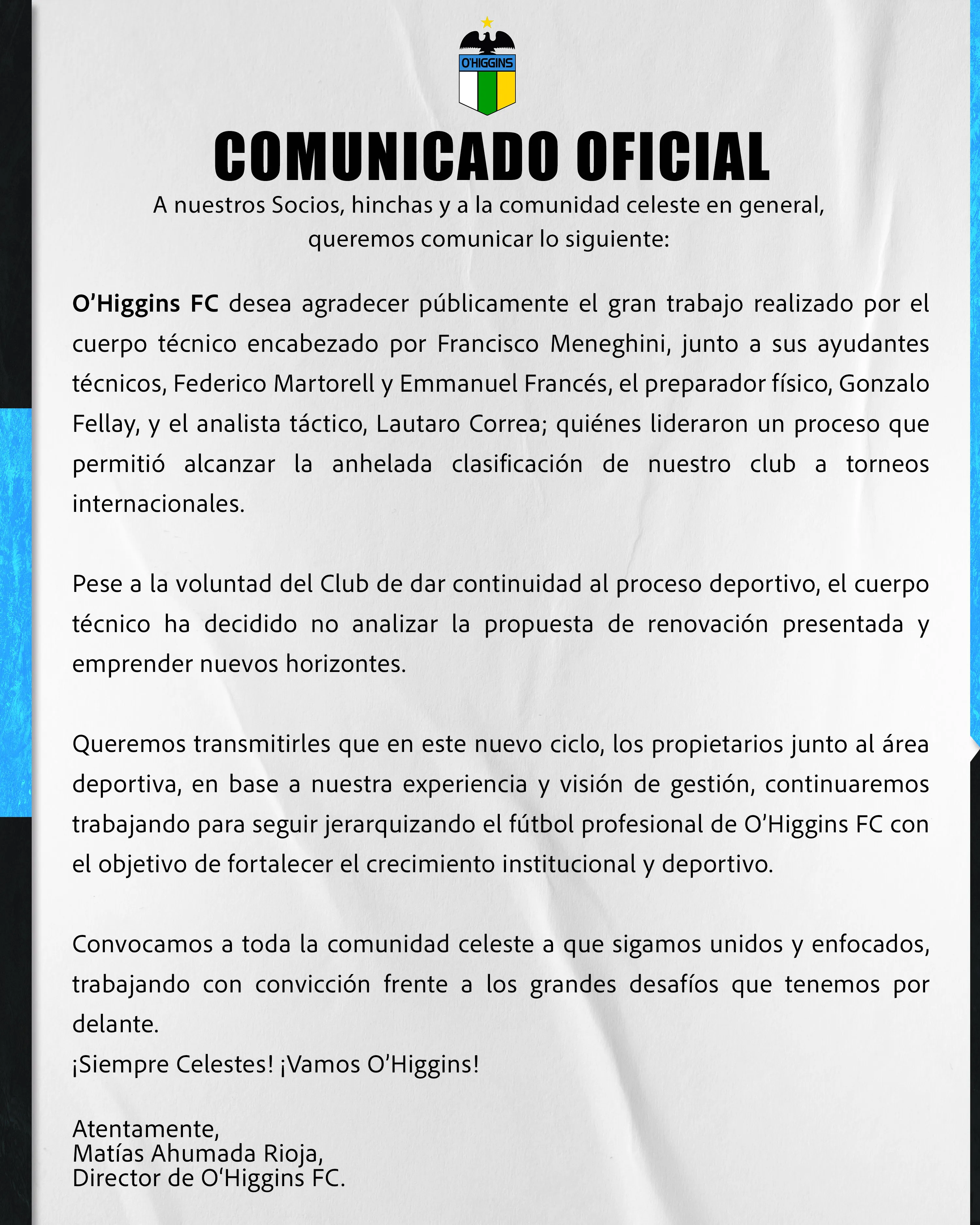 Comunicado de O’Higgins sobre la salida de Francisco Meneghini.