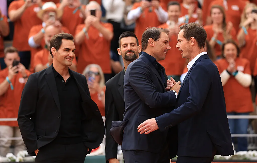 PARIS, FRANCE – MAY 25: Rafael Nadal embraces Andy Murray alongside Roger Federer and Novak Djokovic on Court Philippe-Chatrier during a ceremony held in his honour on Day One of the 2025 French Open at Roland Garros on May 25, 2025 in Paris, France. (Photo by Adam Pretty/Getty Images)