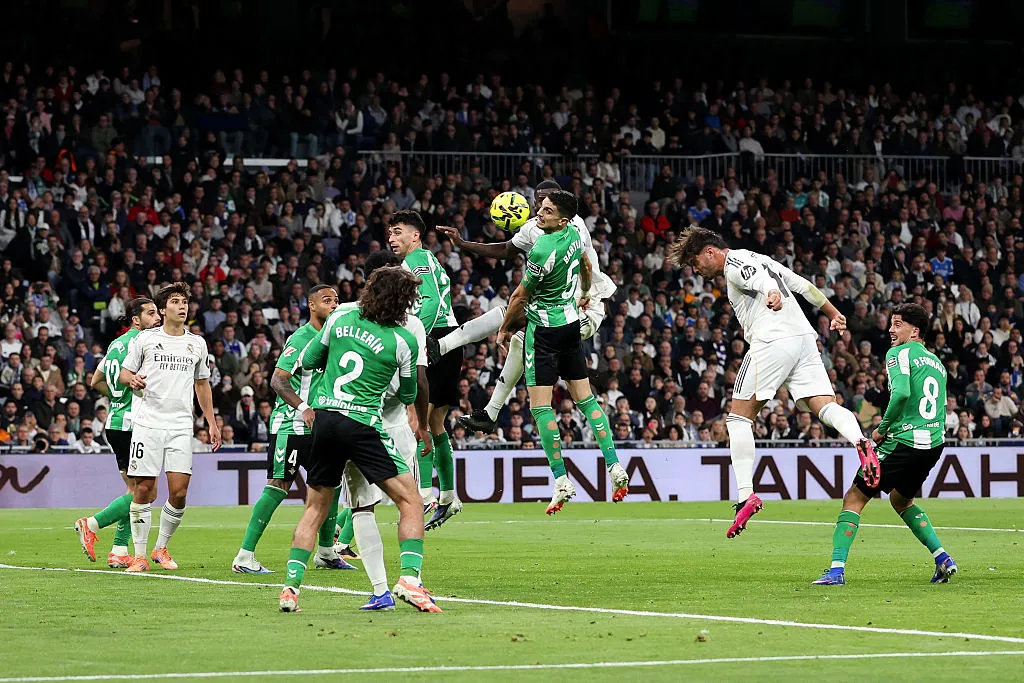 MADRID, SPAIN – JANUARY 04: Raul Asencio of Real Madrid scores his team’s third goal during the LaLiga EA Sports match between Real Madrid CF and Real Betis Balompie at Estadio Santiago Bernabeu on January 04, 2026 in Madrid, Spain. (Photo by Florencia Tan Jun/Getty Images)