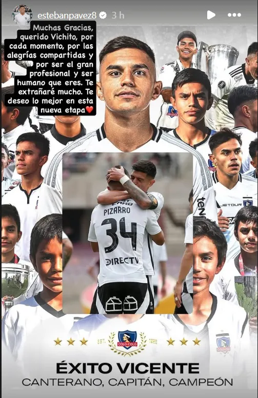 Esteban Pavez dedica sentidas palabras a Vicente Pizarro tras su partida a Rosario Central (Foto: Instagram Esteban Pavez)