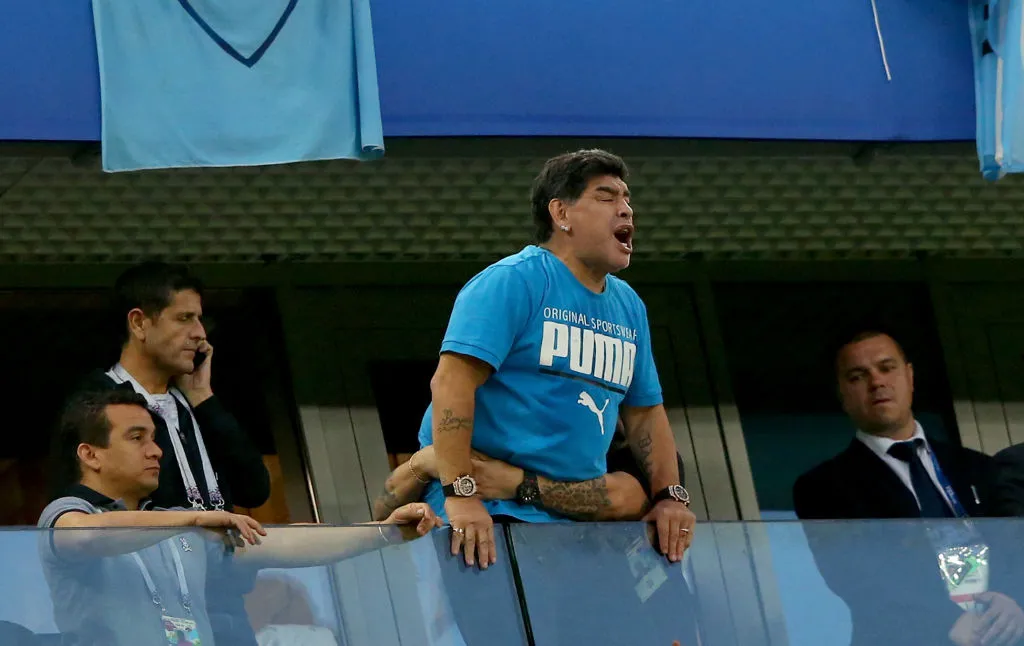 SAINT PETERSBURG, RUSSIA – JUNE 26:  Diego Armando Maradona is seen in the stands during the 2018 FIFA World Cup Russia group D match between Nigeria and Argentina at Saint Petersburg Stadium on June 26, 2018 in Saint Petersburg, Russia.  (Photo by Alex Livesey/Getty Images)