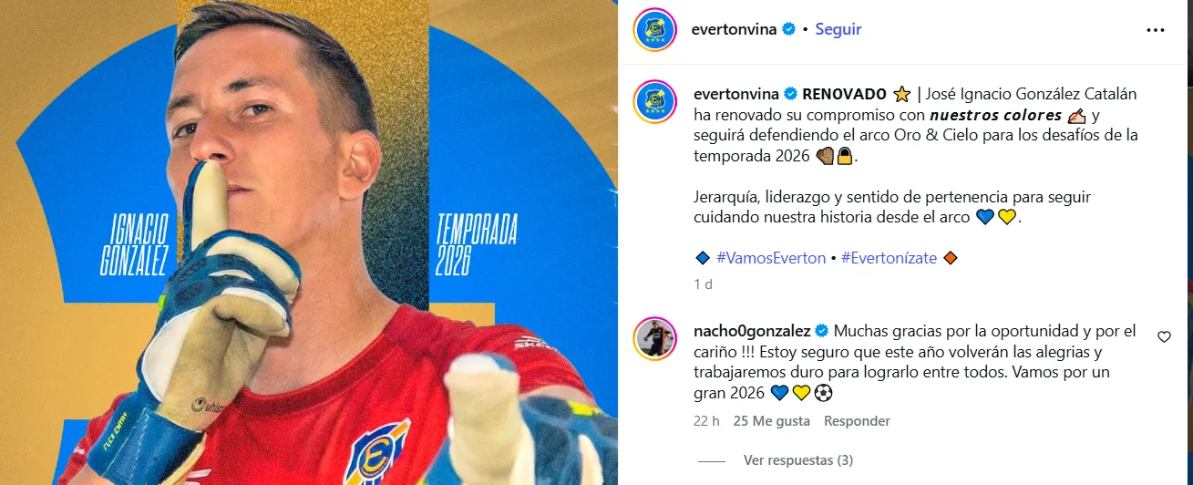 Everton confirma la permanencia de Ignacio González como su arquero (Foto: captura Instagram Evertonviña)