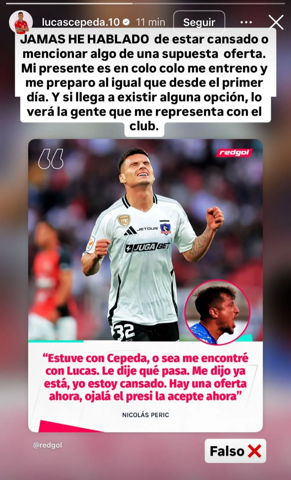  Lucas Cepeda desmintió a Nicolás Peric: aclaró su situación en Colo Colo. (Imagen: Instagram)