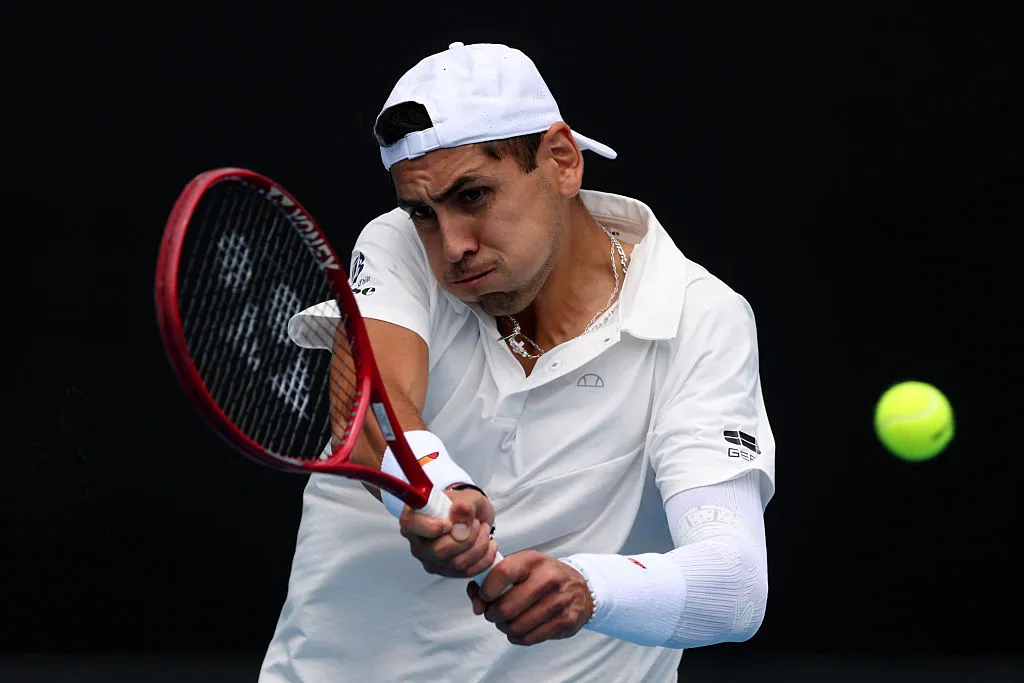 AUCKLAND, NEW ZEALAND – JANUARY 13: Alejandro Tabilo of Chile plays a return in his singles match against Camilo Ugo Carabelli of Argentina during day 9 of the 2025 ASB Classic at ASB Tennis Centre on January 13, 2026 in Auckland, New Zealand. (Photo by Phil Walter/Getty Images)