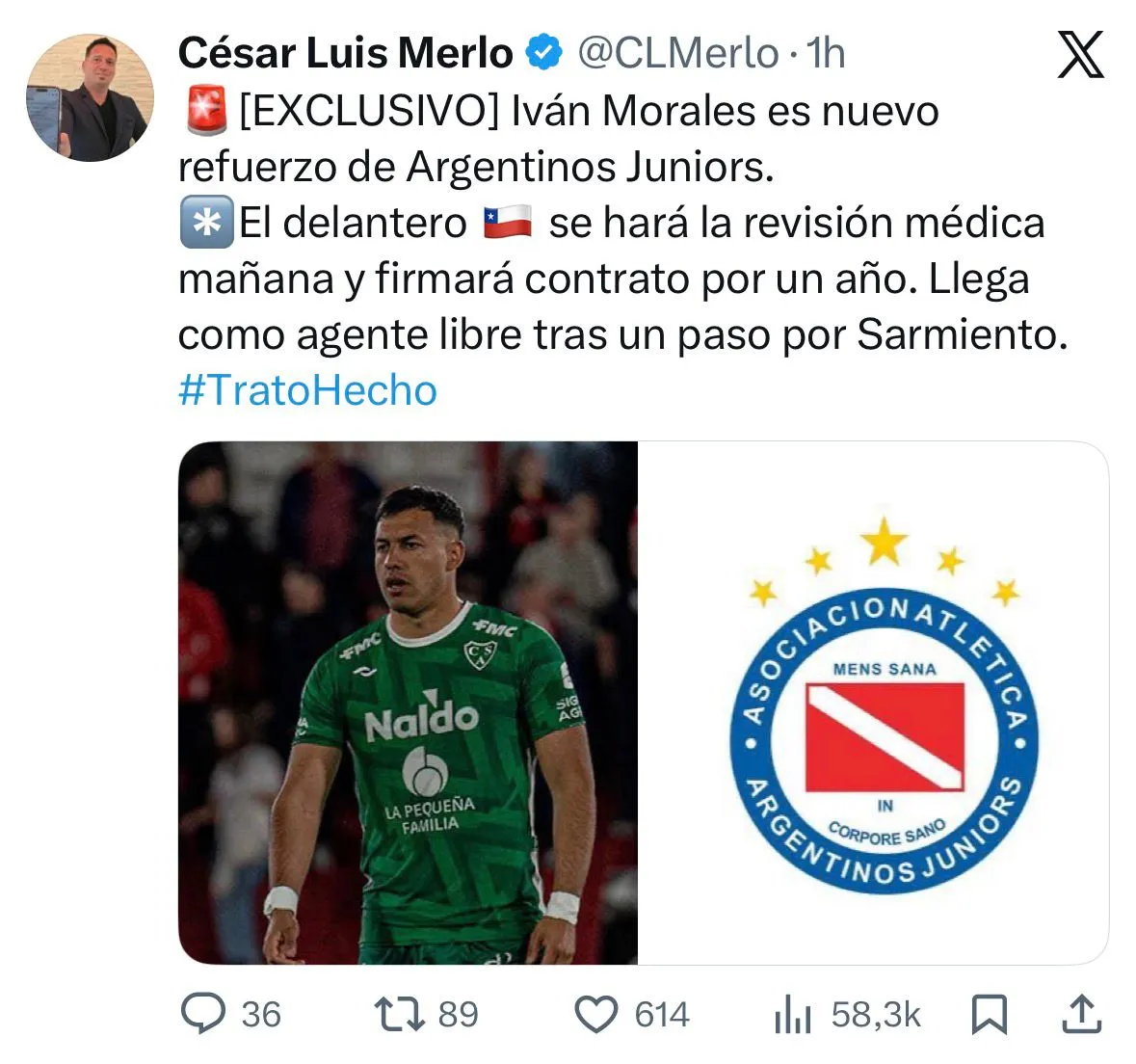 Captura de la publicación de César Luis Merlo en X.
