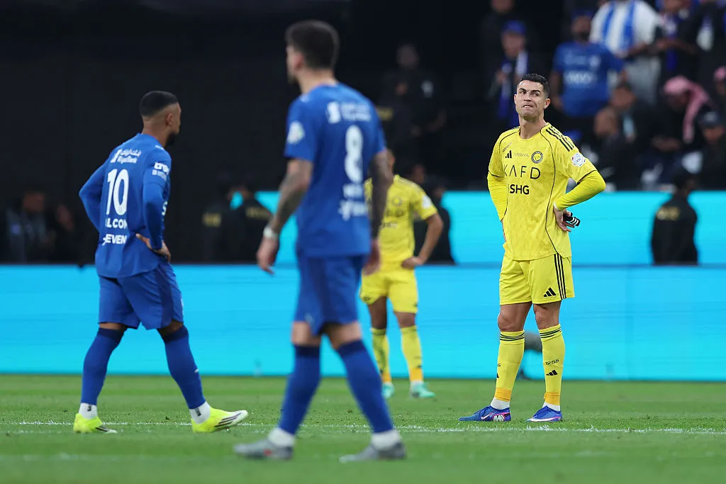 RIYADH, SAUDI ARABIA – JANUARY 12: Cristiano Ronaldo of Al-Nassr reacts during the Saudi Pro League match between Al Hilal and Al Nassr at Kingdom Arena on January 12, 2026 in Riyadh, Saudi Arabia.  (Photo by Yasser Bakhsh/Getty Images)