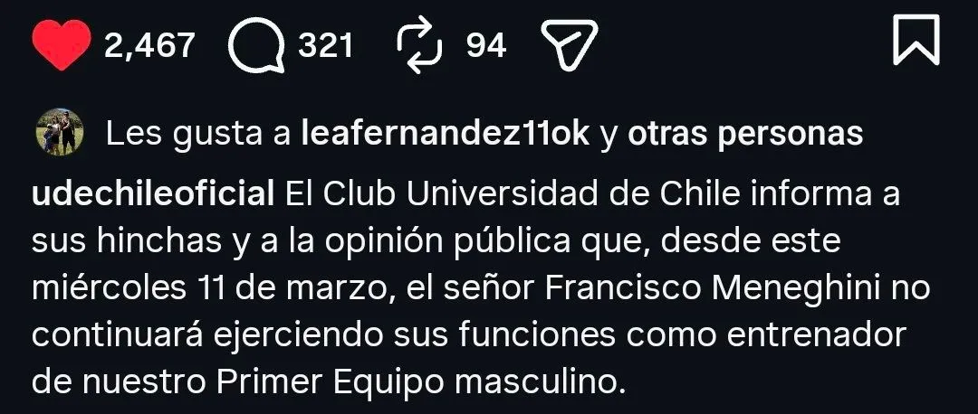 Leandro Fernández reaccionó a la salida de Francisco Meneghini de Universidad de Chile. (Foto: Instagram)
