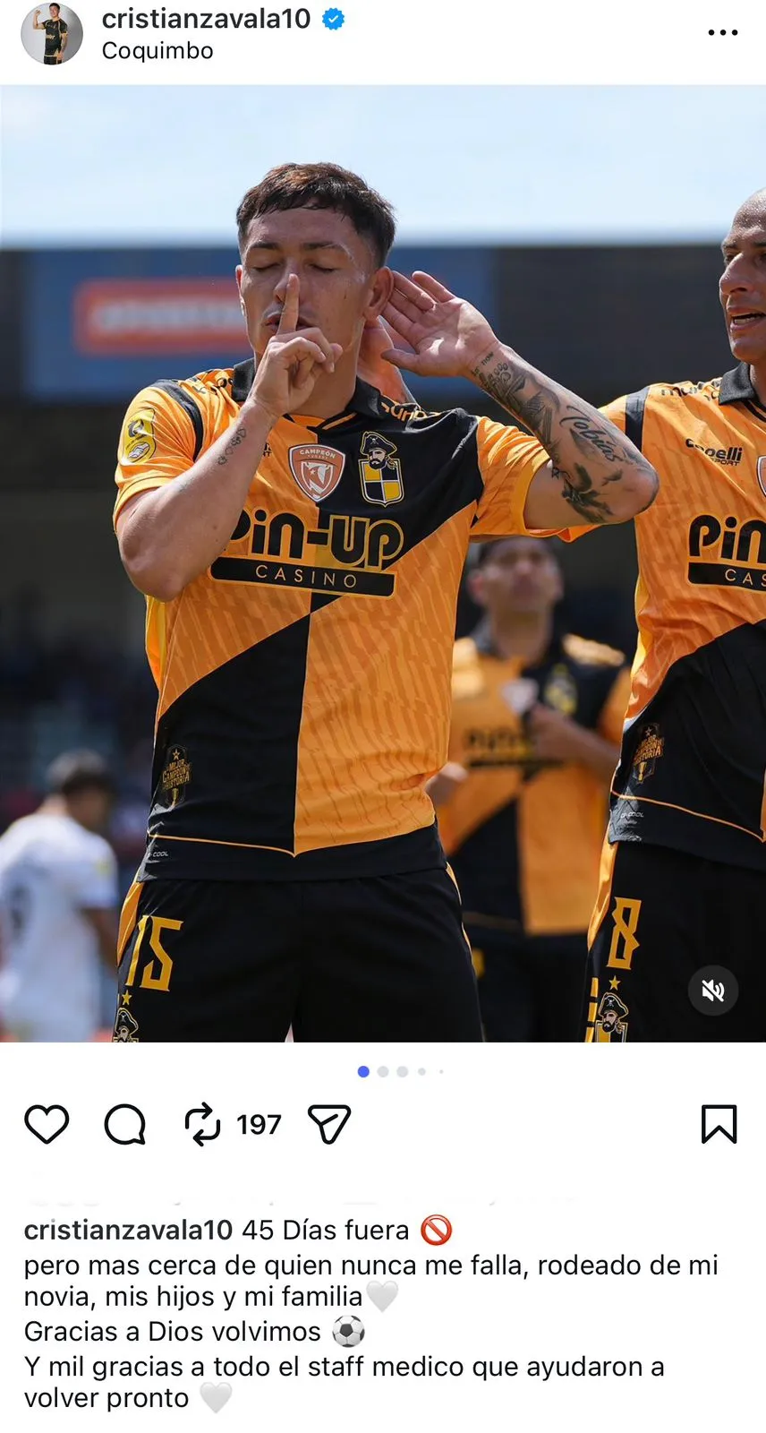 Publicación de Cristián Zavala en Instagram tras su gol en el regreso a las canchas.