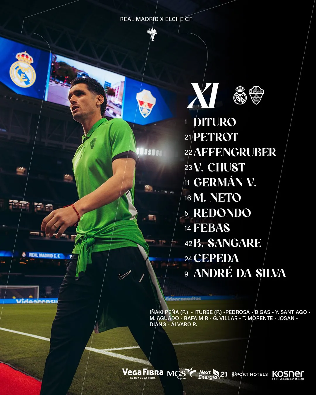 La formación de Elche vs. Real Madrid.