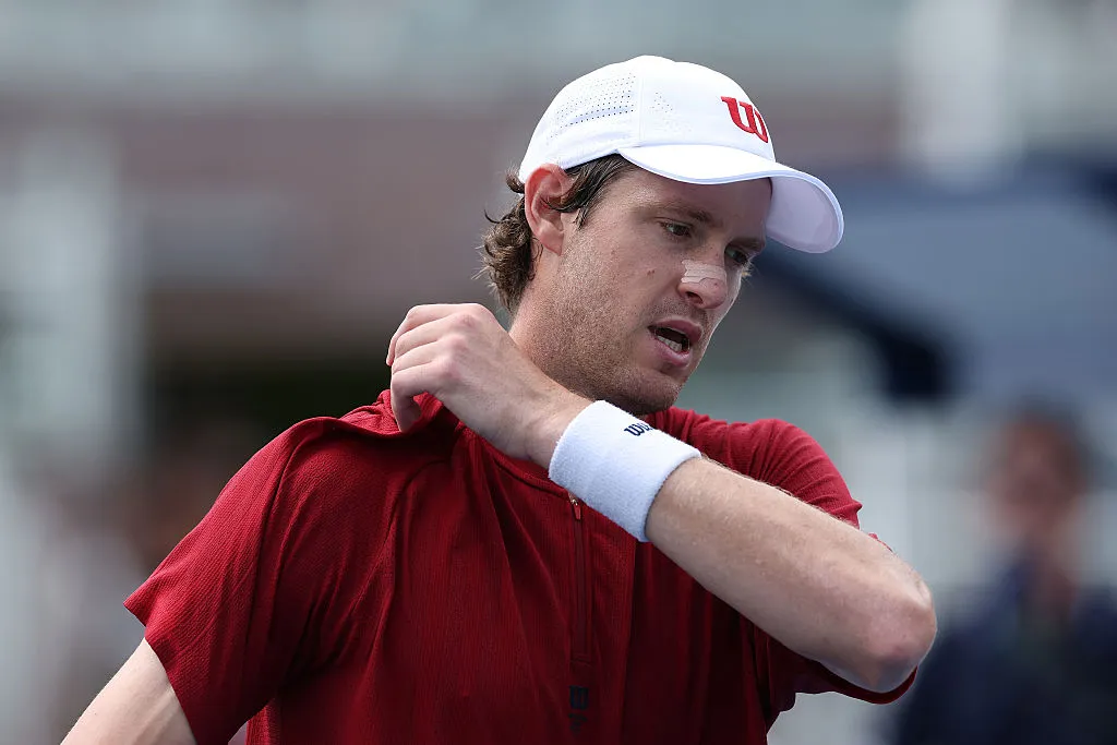 NEW YORK, NEW YORK – AUGUST 24: Nicolas Jarry of Chile reacts against Jakub Mensik of Czech Republic during their Men’s Singles First Round match on Day One of the 2025 US Open at USTA Billie Jean King National Tennis Center on August 24, 2025 in the Flushing neighborhood of the Queens borough of New York City. (Photo by Sarah Stier/Getty Images)