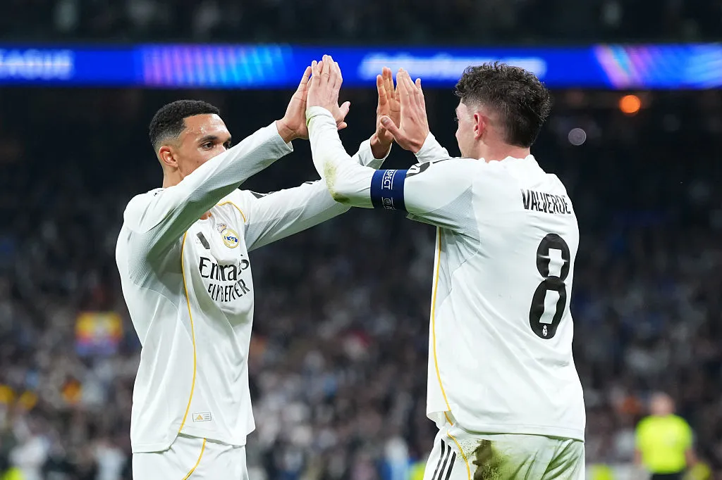 MADRID, SPAIN – MARCH 11: Federico Valverde of Real Madrid celebrates scoring his team’s second goal with teammate Trent Alexander-Arnold during the UEFA Champions League 2025/26 Round of 16 First Leg match between Real Madrid CF and Manchester City FC at Estadio Santiago Bernabeu on March 11, 2026 in Madrid, Spain. (Photo by Angel Martinez/Getty Images)