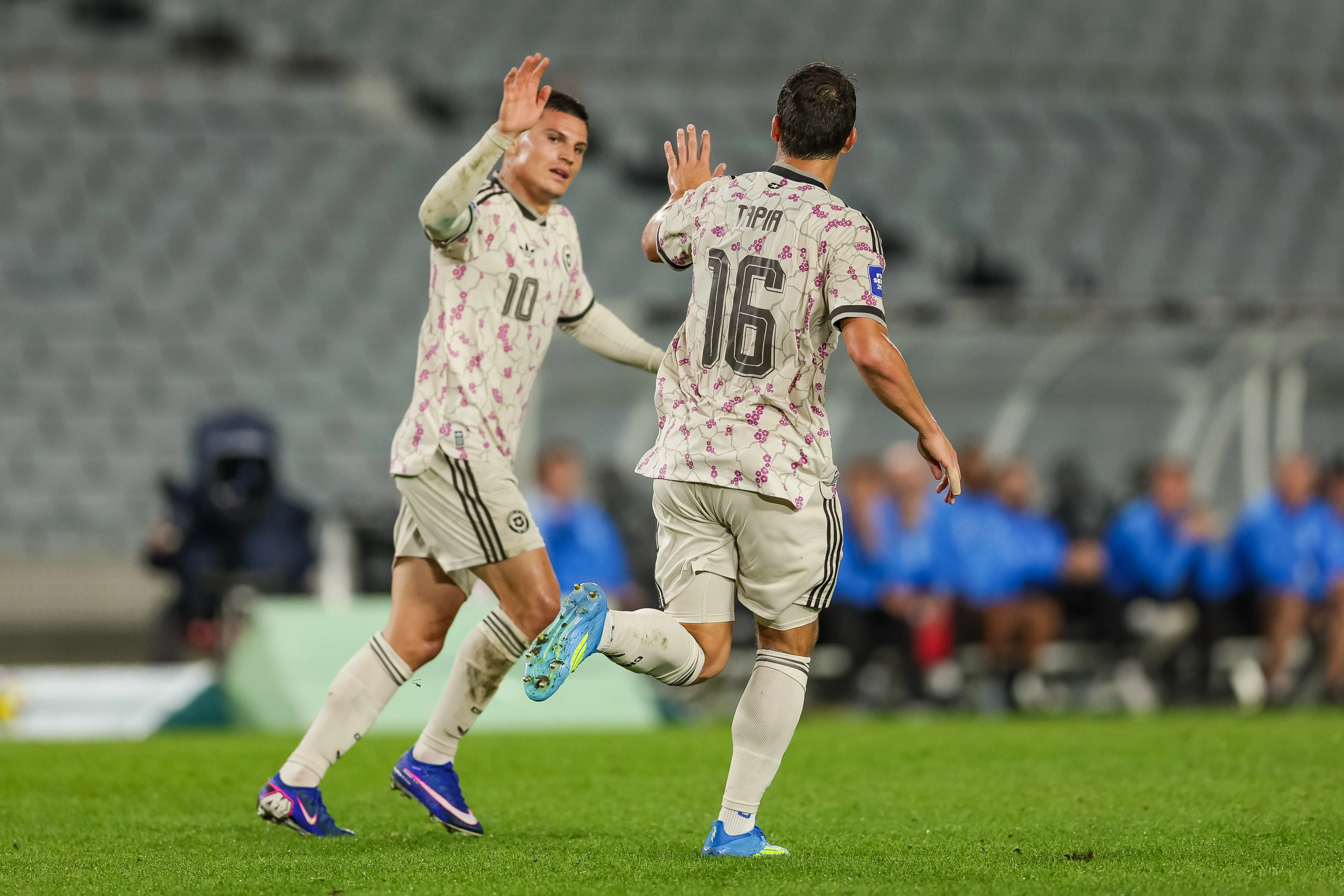 Lucas Cepeda celebrando con Gonzalo Tapia el gol de Chile ante Nueva Zelanda | FOTO: Joshua Devenie