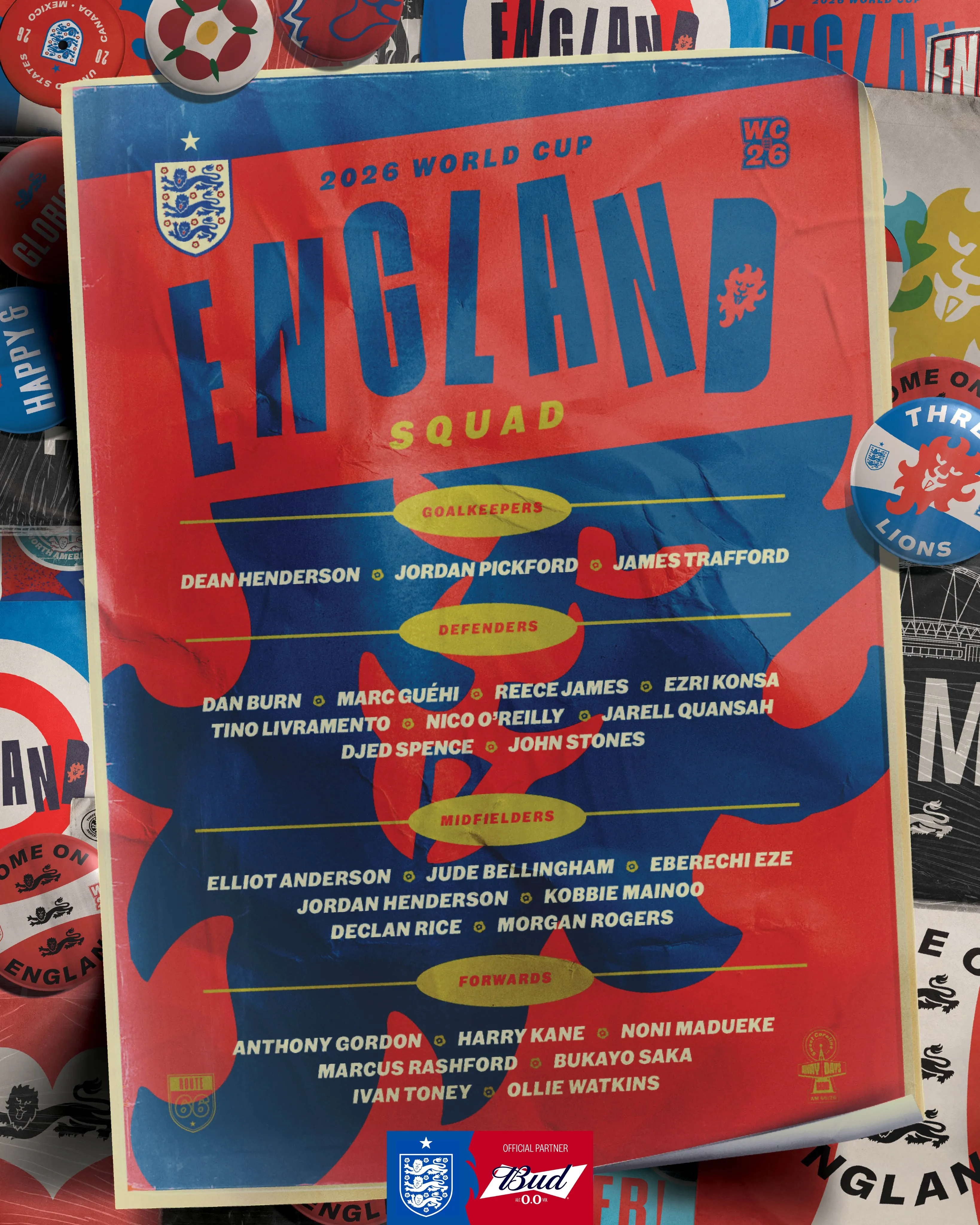 La nómina de Inglaterra para el Mundial 2026. (Foto: @England)