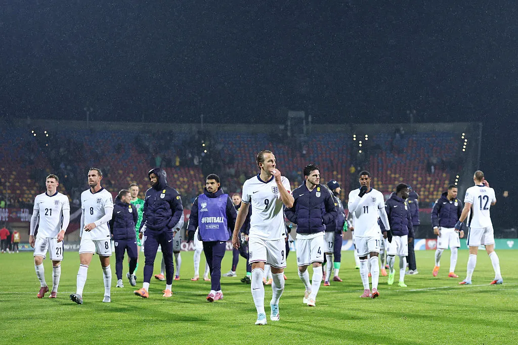 RIGA, LATVIA – OCTOBER 14: Harry Kane of England makes his way off the pitch with teammates after the team’s victory in the FIFA World Cup 2026 qualifier match between Latvia and England at Daugava Stadium on October 14, 2025 in Riga, Latvia. (Photo by Carl Recine/Getty Images)